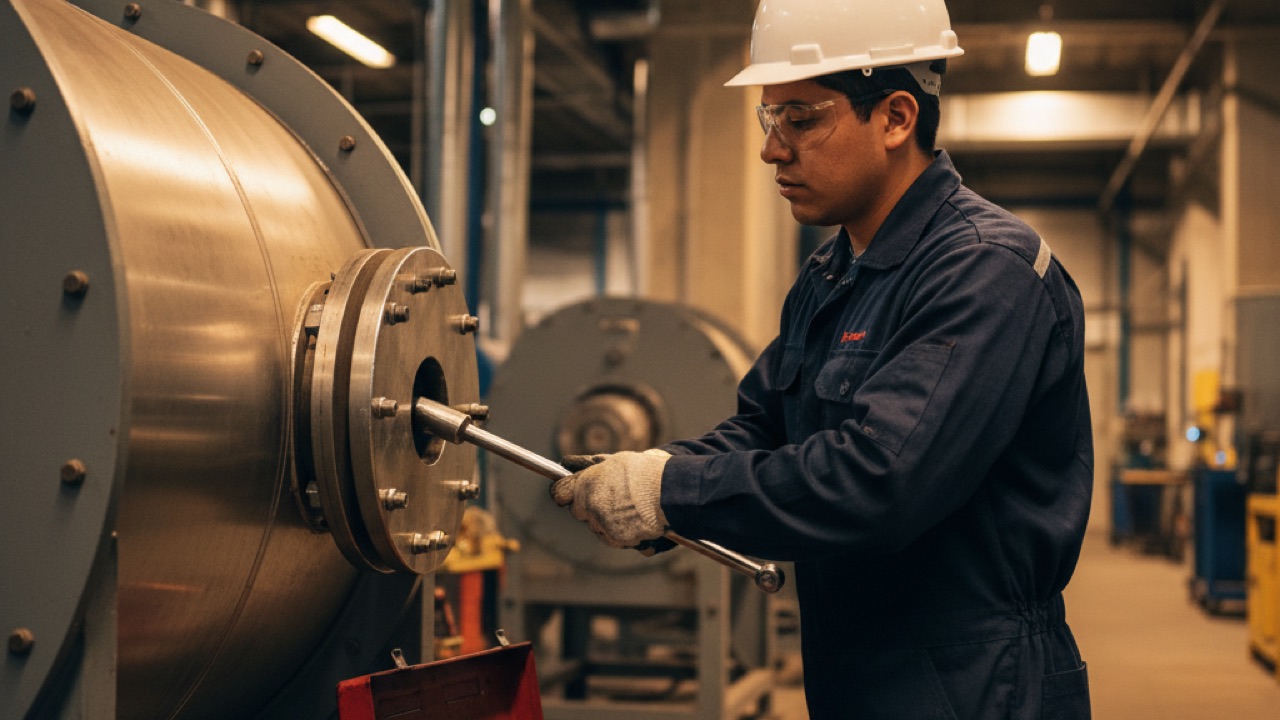 Técnico de mantenimiento ajustando ventilador industrial