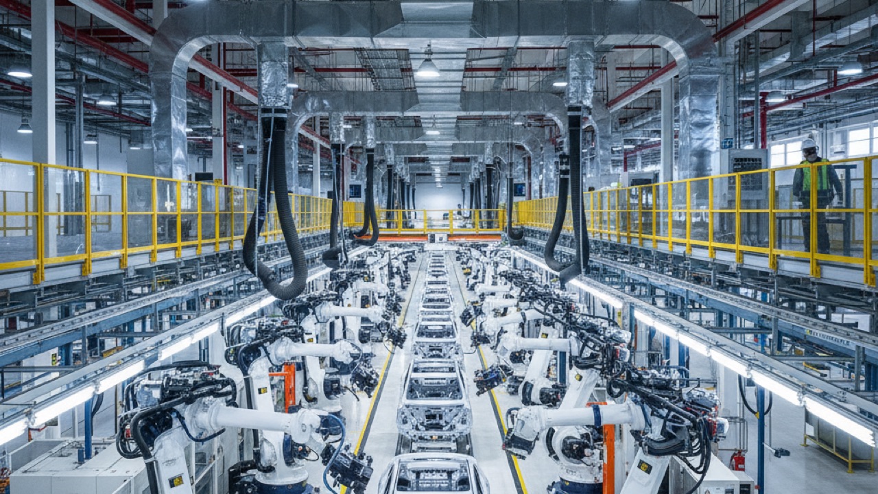 Planta automotriz del Bajío con líneas de ensamble y ductería integrada